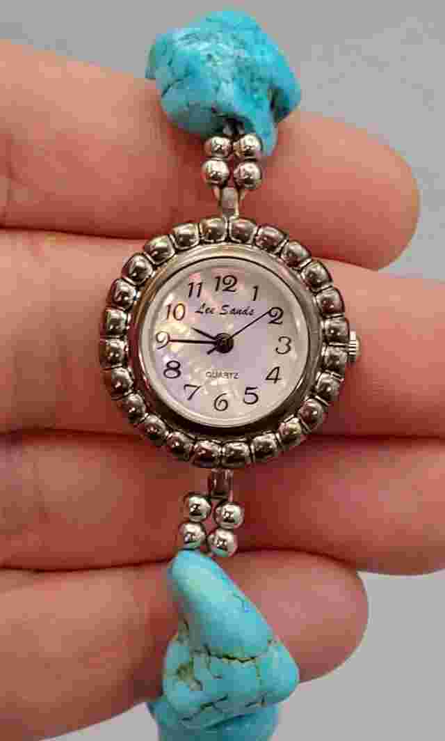 VTG Lee Sands Watch Women’s Turquoise Nuggets MOP Stretch Band 25mm New Batt