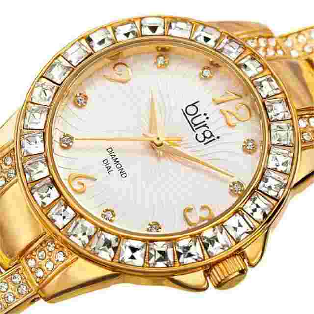 NEW Burgi BUR137YG Lady Crystal Baguette Bezel Embossed Swirls Yellow Gold Watch