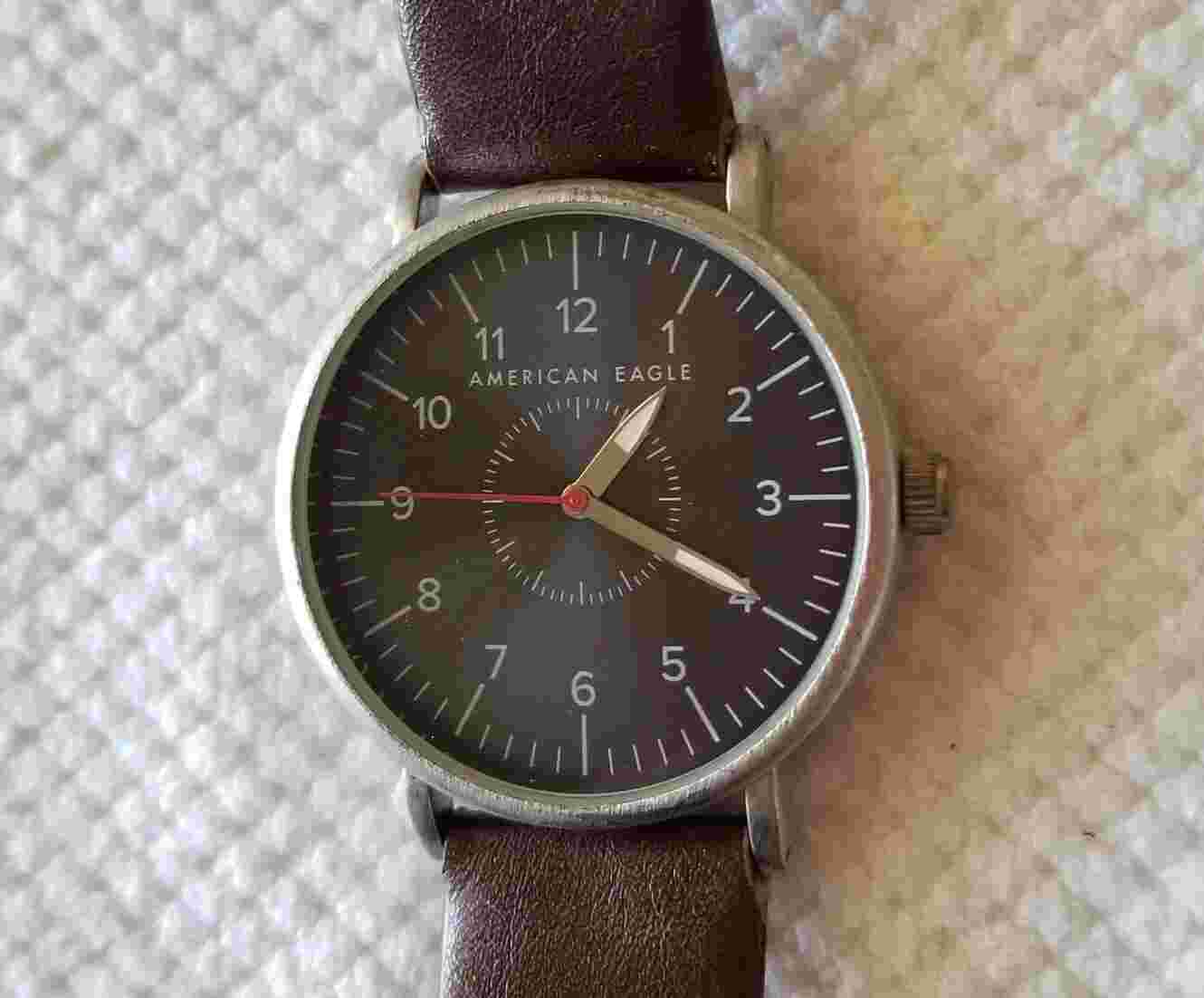 American Eagle Silver Tone Watch Black Dial Faux Leather Band 6"-8" New Battery
