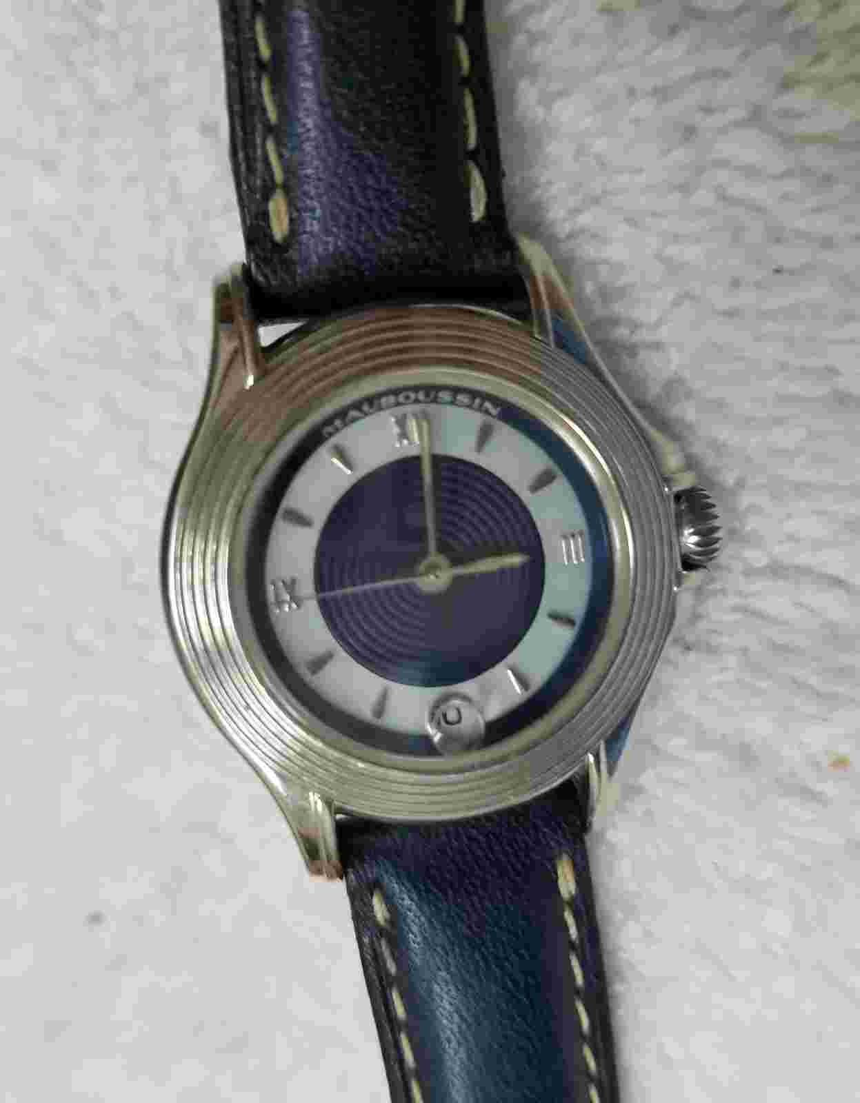 RARE! Mauboussin Automatic 18K Solid White Gold Wrist Watch, Blue Leather Band