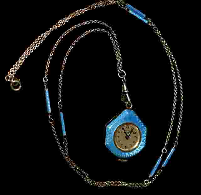 MAGNIFICENT Antique STERLING ENAMEL GUILLOCHE Marcasite WATCH Necklace