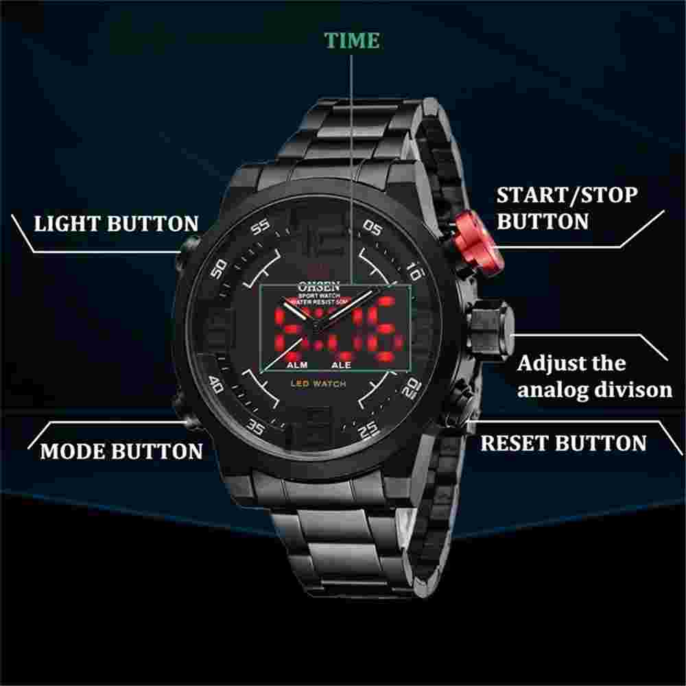 OHSEN Men Quartz Watch Steel Wristwatch Dual Display Male LED Digital Wristwatch