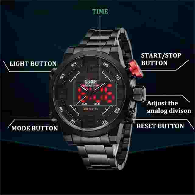 OHSEN Men Watch Big Dial Steel Wristwatch Dual Display LED Digital Wristwatch