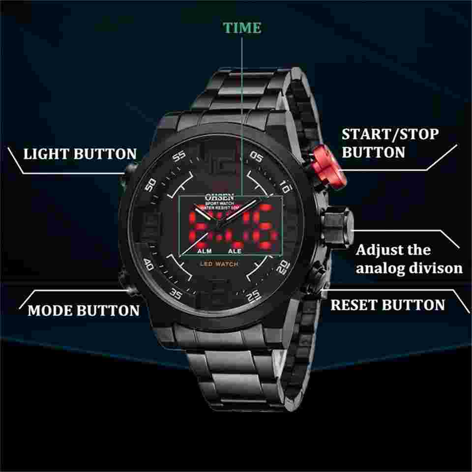 OHSEN Men Quartz Watch Steel Wristwatch Dual Display Male LED Digital Wristwatch