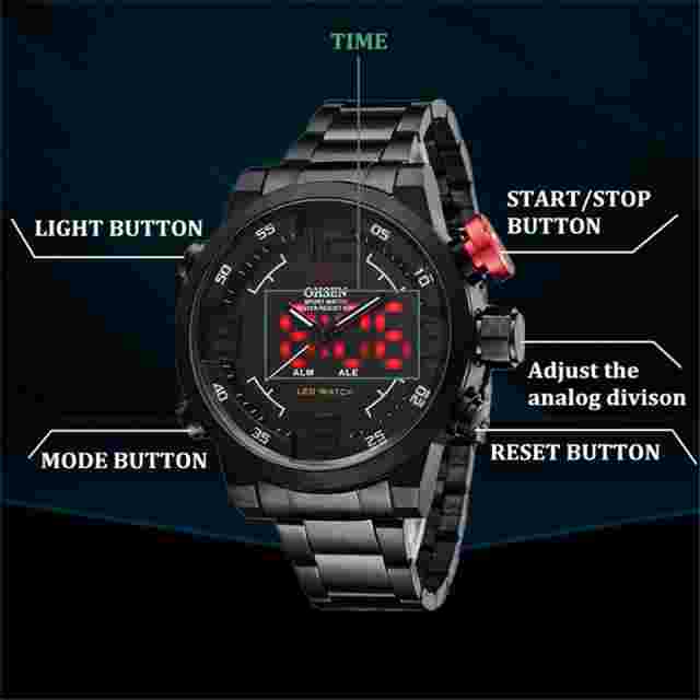 OHSEN Men Quartz Watch Steel Wristwatch Dual Display Male LED Digital Wristwatch