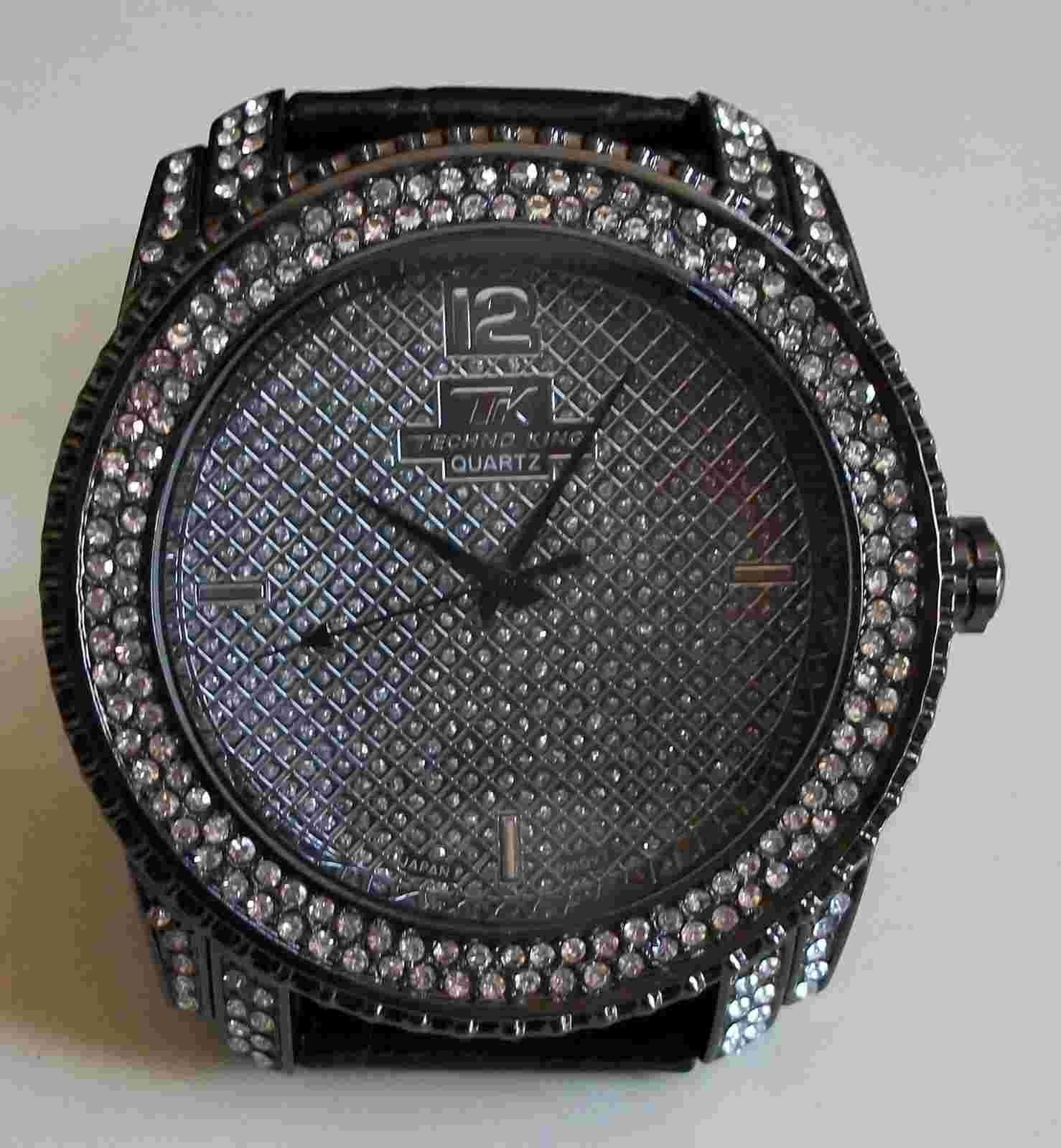 Men's Stone Hematite Finish Black Leather Band Fashion Hip Hop Watch