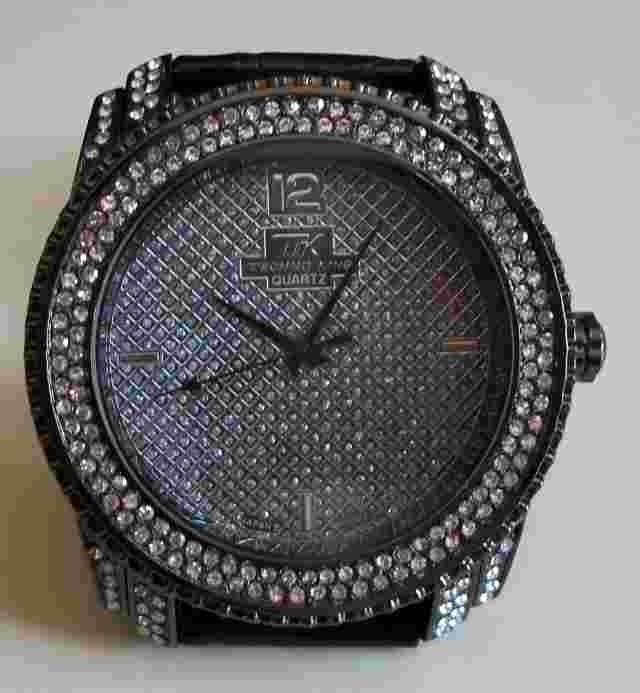 Men's Stone Hematite Finish Black Leather Band Fashion Hip Hop Watch
