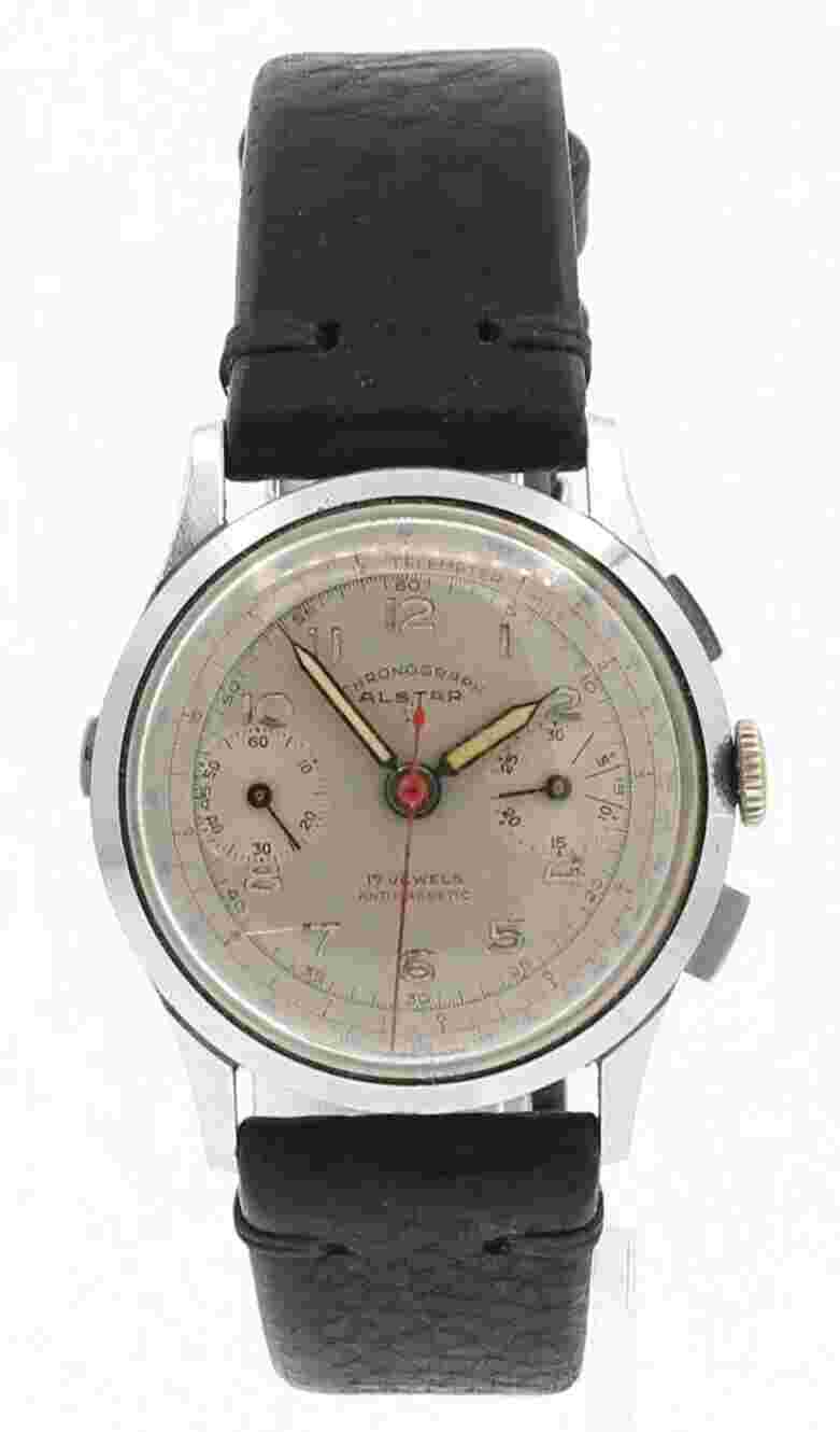 Vintage ALSTA Chronograph 17 Jewels 2 Registers Hand Wind Watch Landeron 48