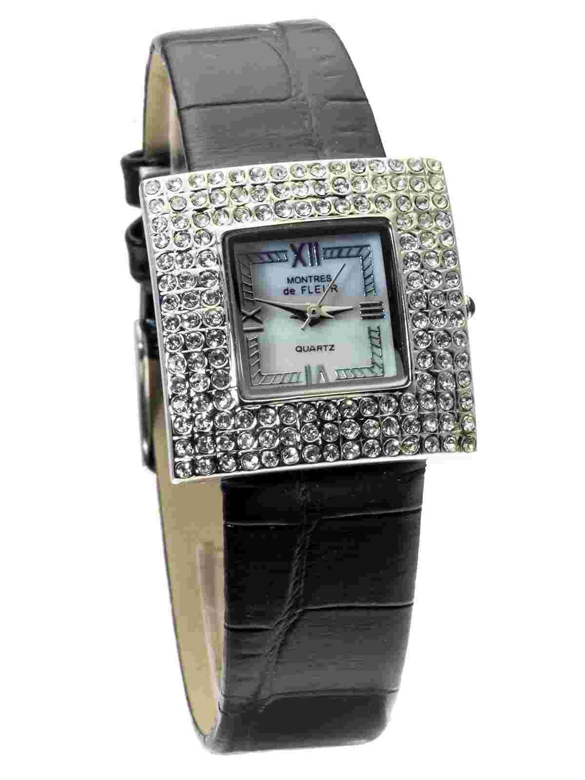 MONTRES de FLEUR:WOMAN'S LEATHER BAND FULL STONES SQUARE CASE ANALOG  WATCH