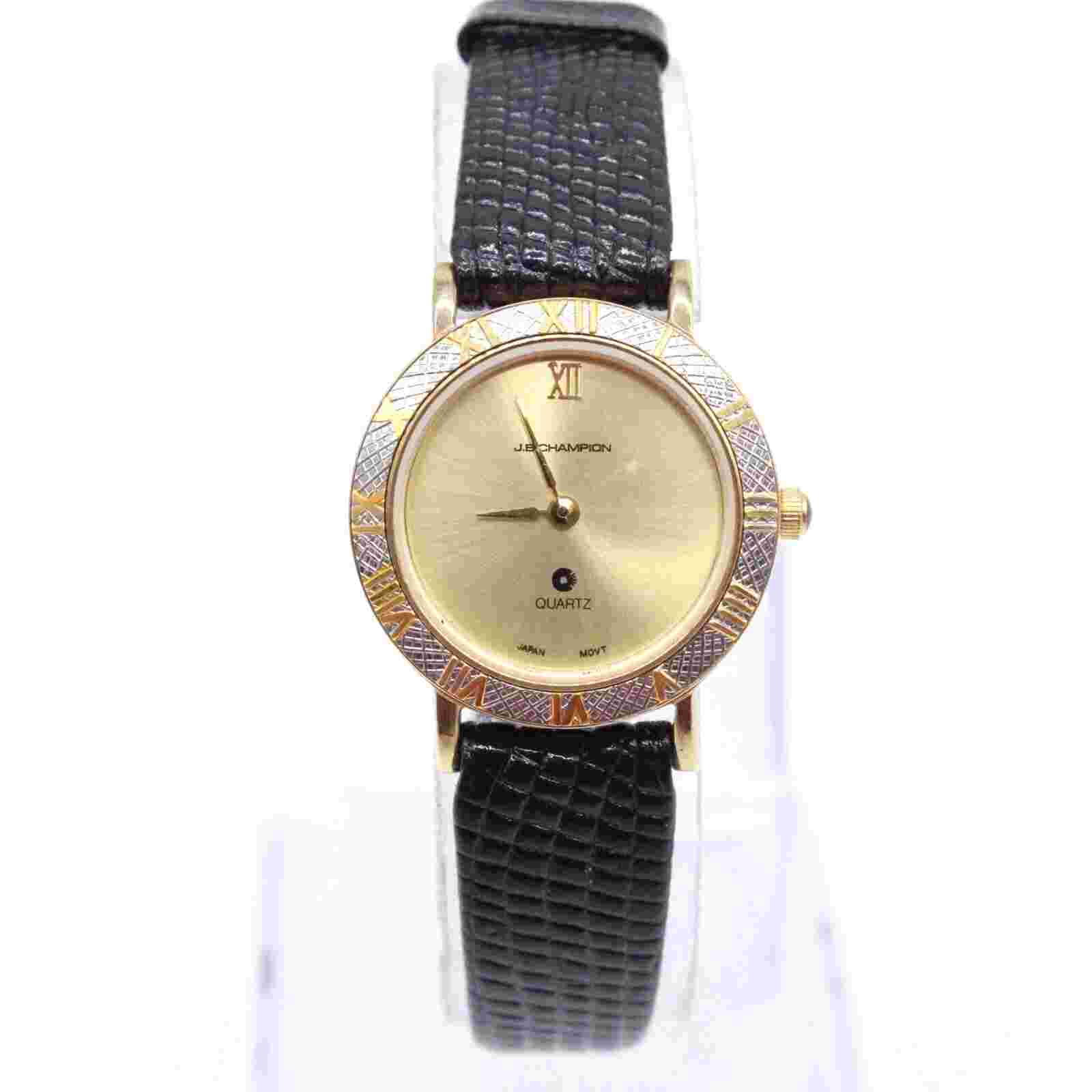 J.B Champion Watch Womens Gold Tone Stainless Steel Classic Black Leather Band