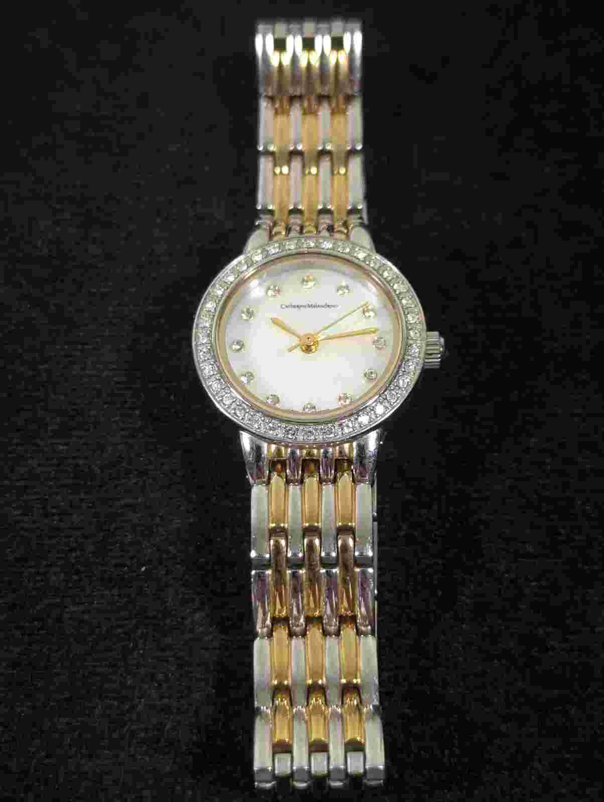 Catherine Maladrino White MOP Dial Crystal Accent Round Two Tone Band Watch 7 in