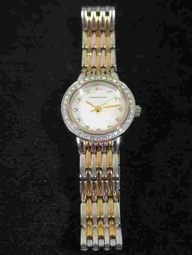 Catherine Maladrino White MOP Dial Crystal Accent Round Two Tone Band Watch 7 in