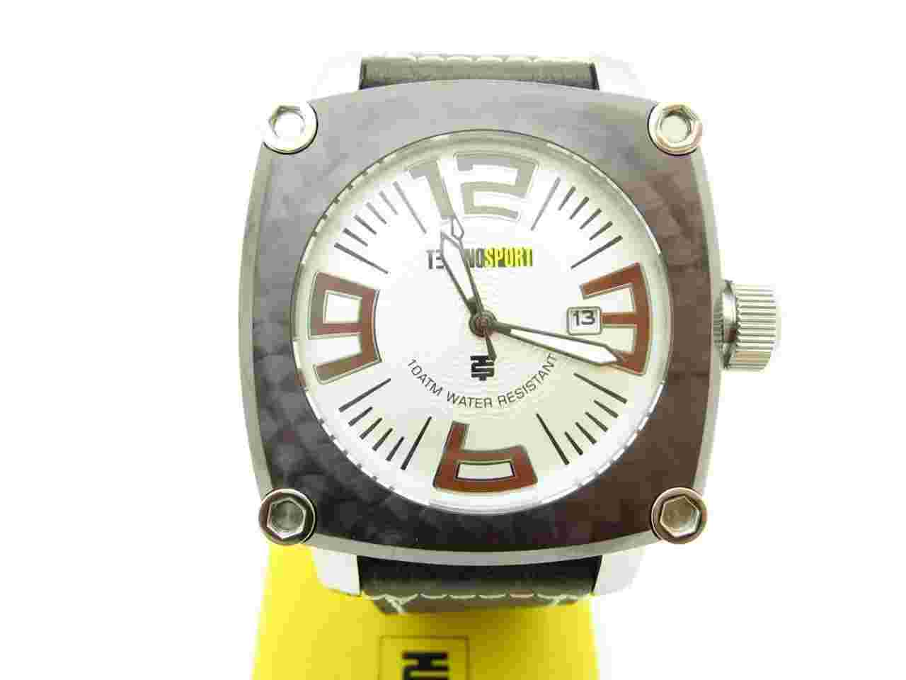 TECHNO SPORT CHRONOGRAPH RECTANGULAR STAINLESS STEEL BLACK LEATHER STRAP WATCH