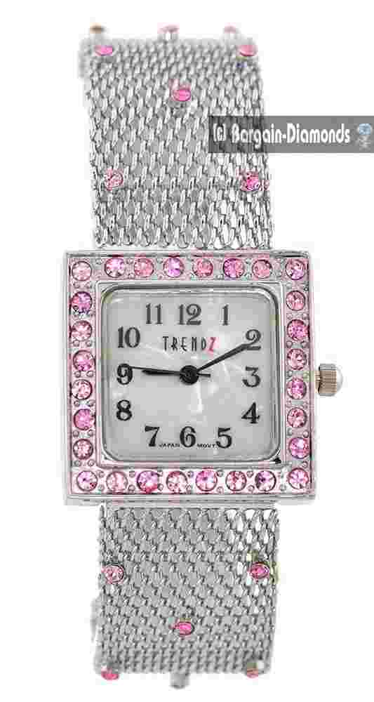 Ladies Silver tone Pink CZ Party Watch MOP Dial Silver-CZ Mesh Strap up to 7.5"