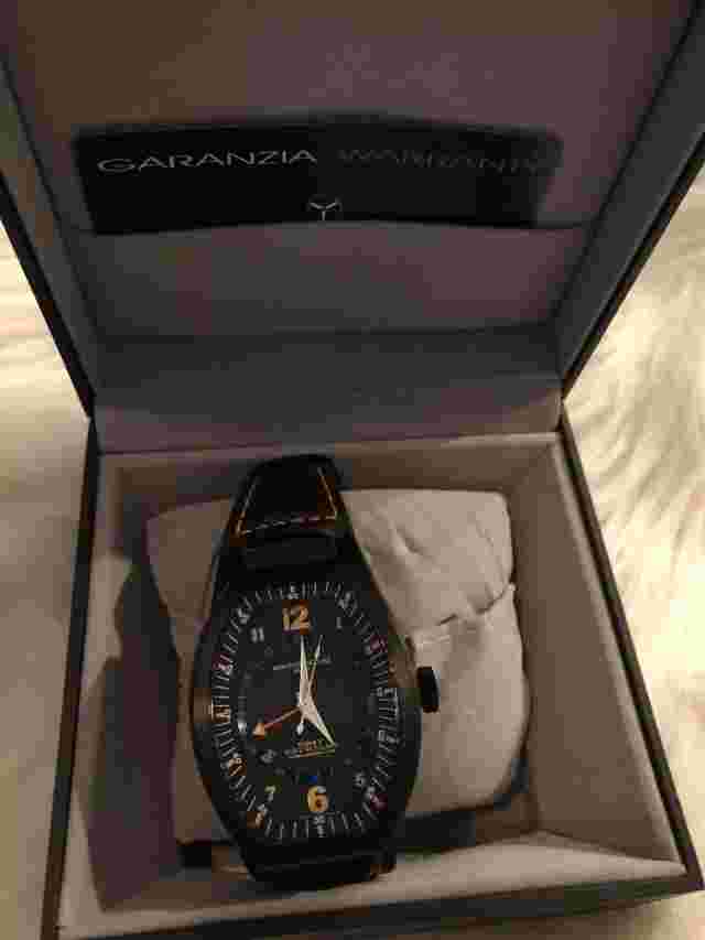 Montres De Luxe Mens GMT Estremo Black orange Tonneau Leather Watch NIB