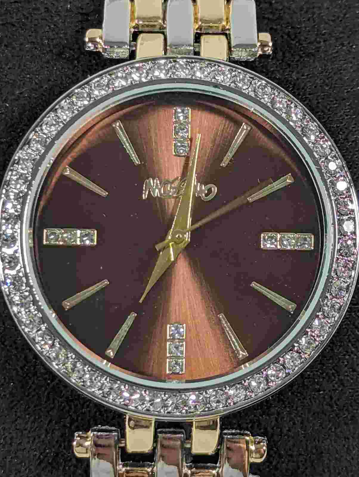 Mossimo Brown Dial Crystal Accent Two Tone Date Indicator Bracelet Watch 8 inch