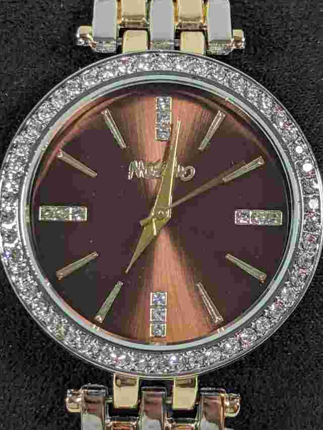 Mossimo Brown Dial Crystal Accent Two Tone Date Indicator Bracelet Watch 8 inch