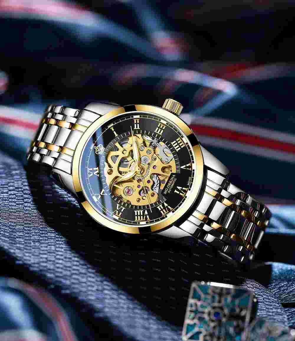 Fashion Men's Skeleton Self-wind Automatic Mechanical Watch Steampunk Gold-black