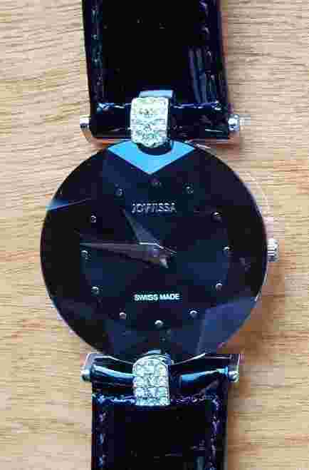 JOWISSA WOMEN'S WRISTWATCH BLACK FACET STRASS STAR CUT LEATHER RHINESTONE NEW