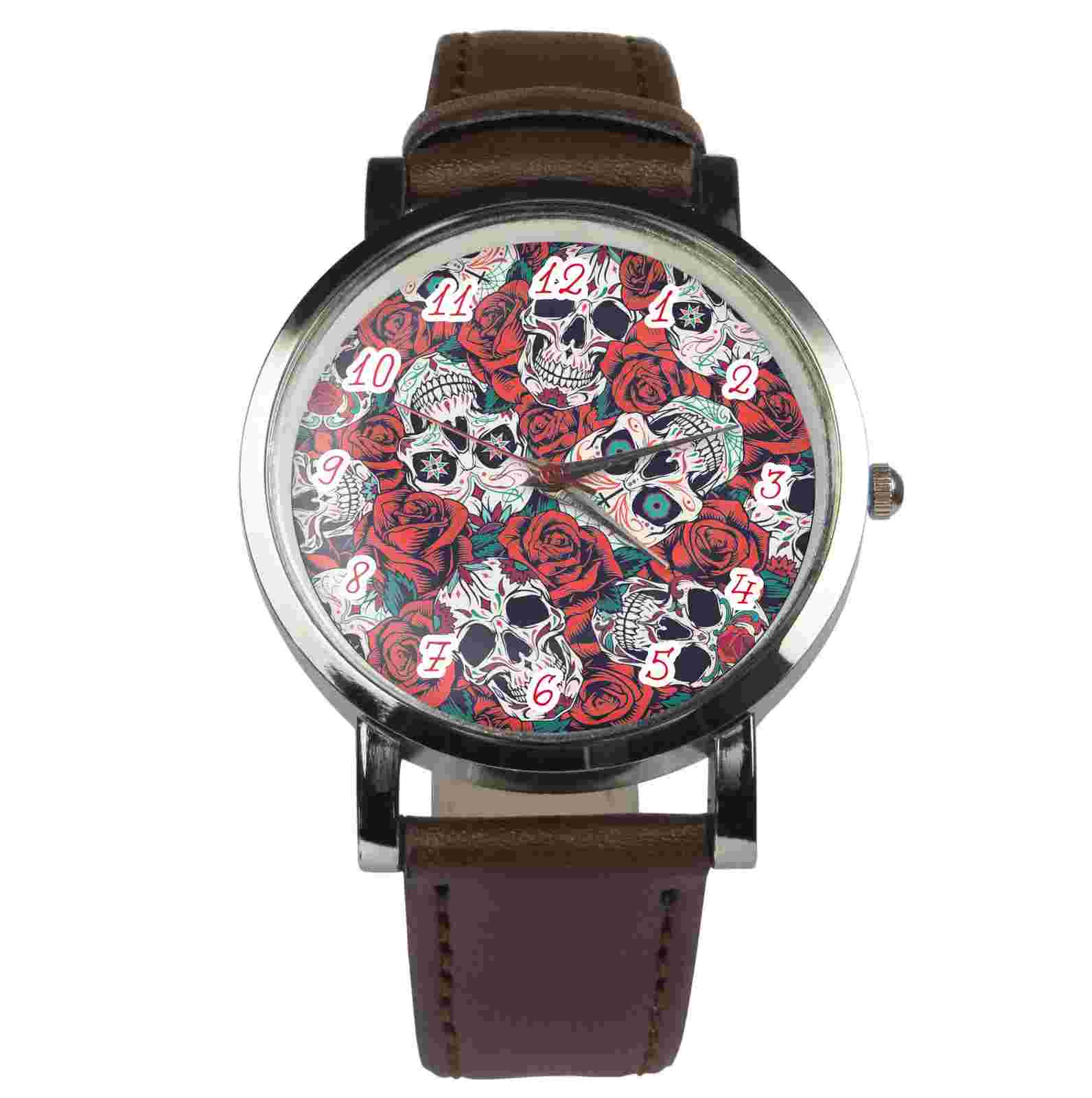 Day of the dead skulls with roses wristwatch design. Black or brown strap