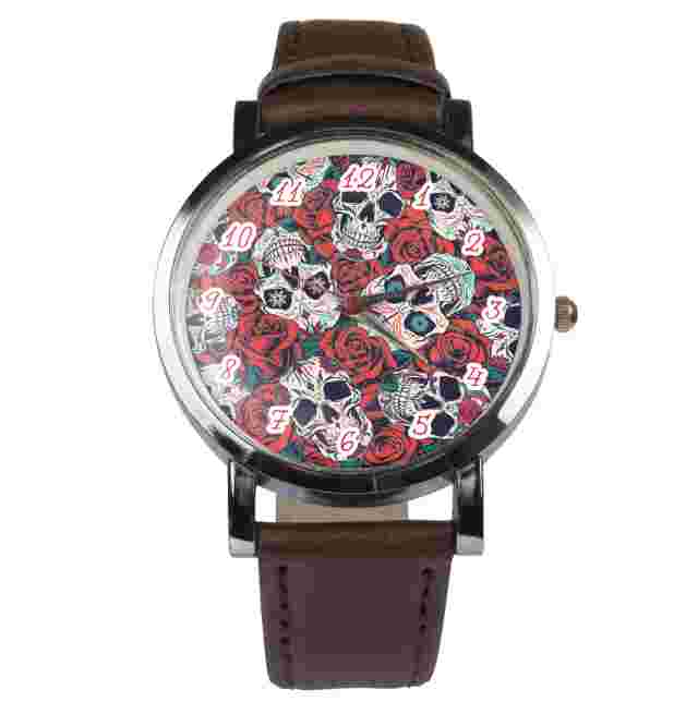 Day of the dead skulls with roses wristwatch design. Black or brown strap