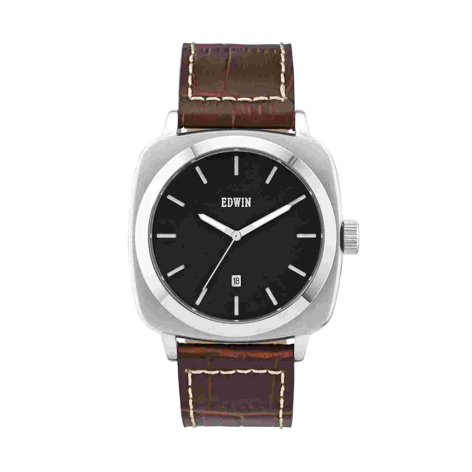 Edwin JULIUS Men's 3 Hand-Date Watch, Stainless Steel Case, Brown Leather Band