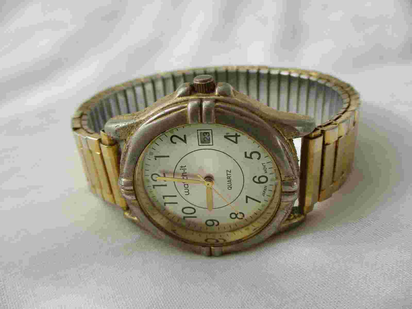 Watch It Big Face Goldtone Watch, Metal Expansion Band, Date Indicator