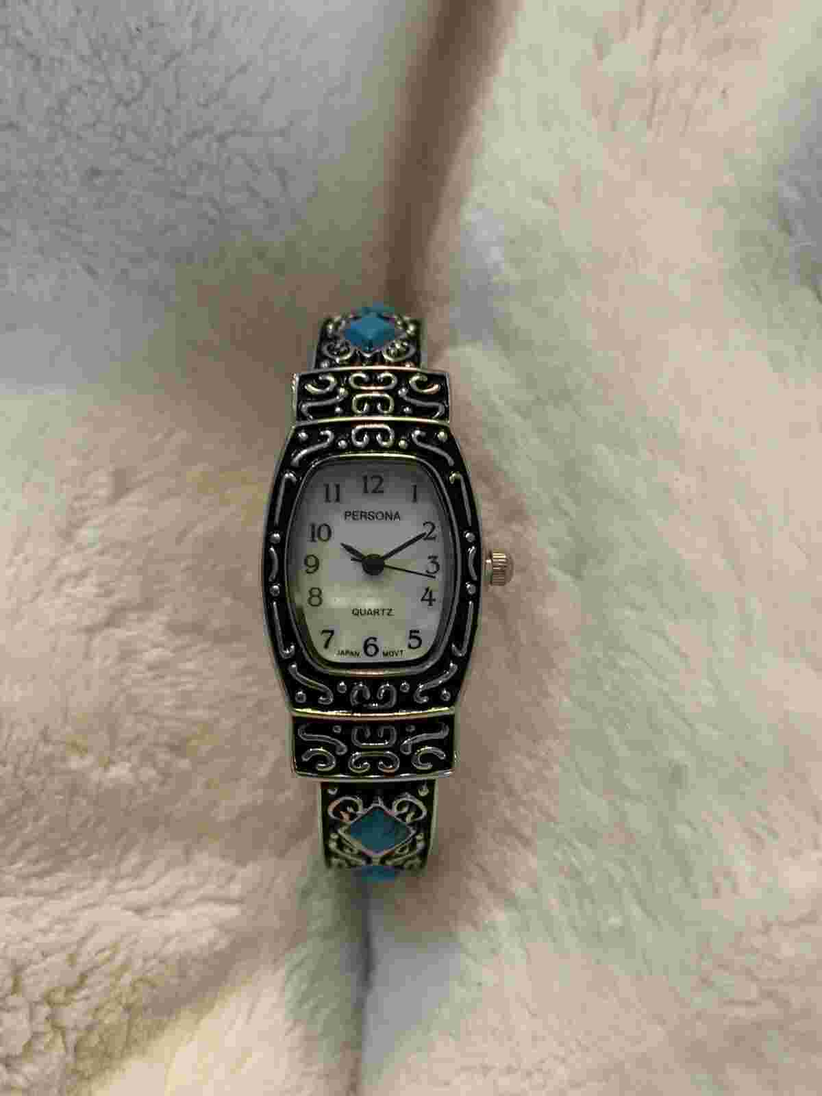 NEW Persona Watch Silver Tone Bangle Cuff Turquoise Mother Of Pearl Face