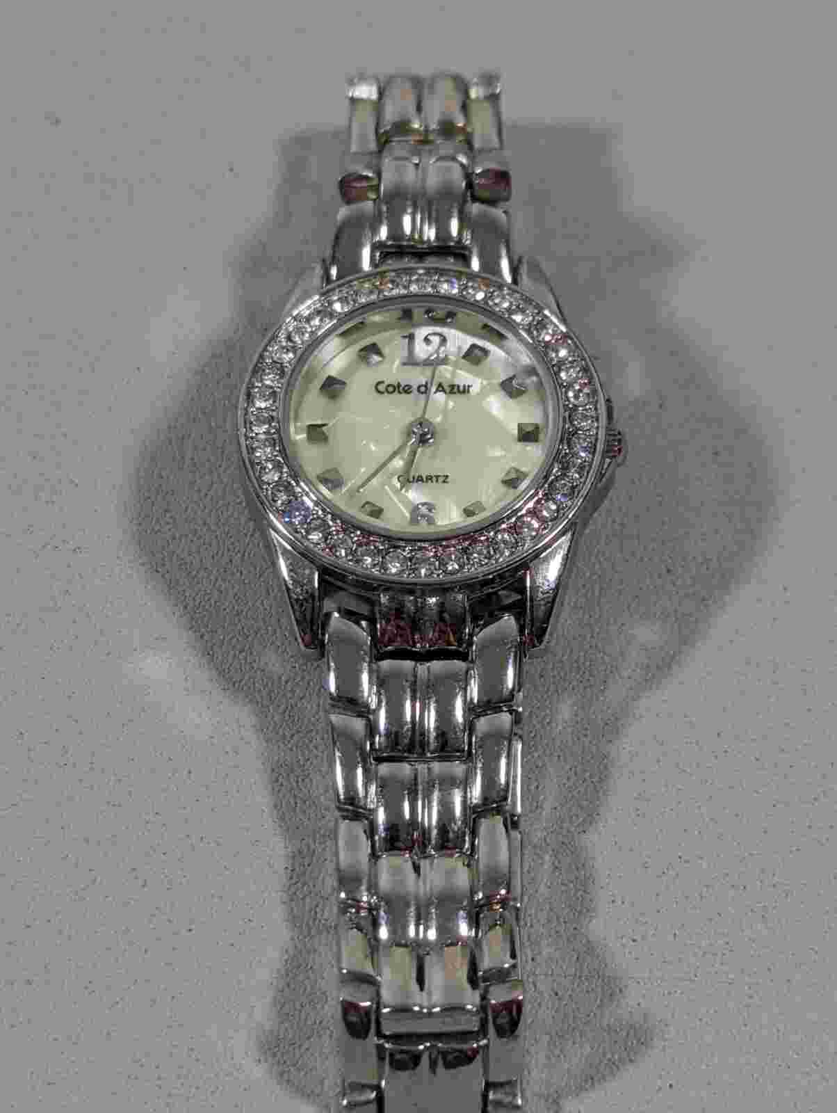 Cote d Azur Silver Tone Dial Crystal Accent Round Case Stainless Steel Watch