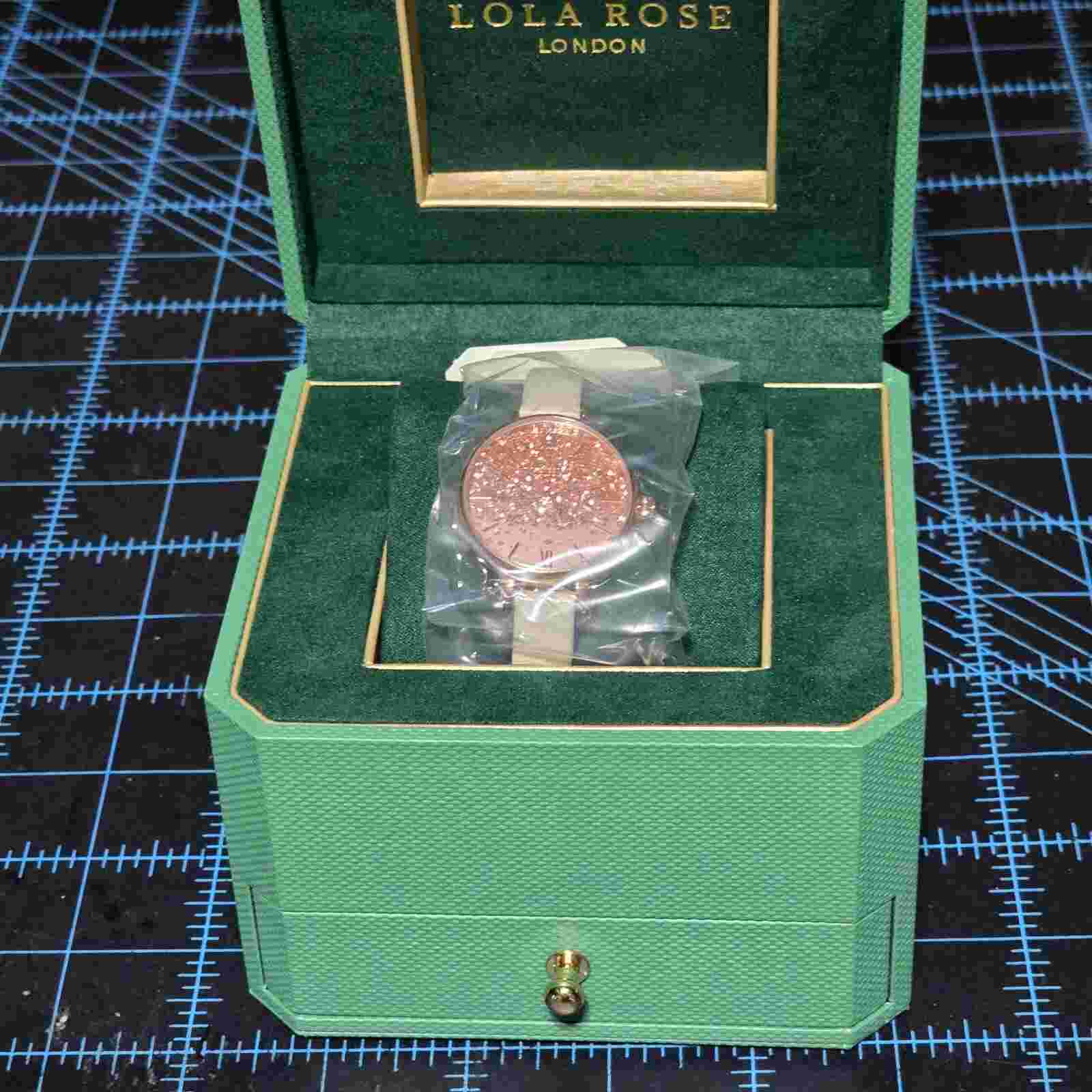 Lola Rose Glitter Dial Watch Beige Leather Strap Rose Gold Case New in Box