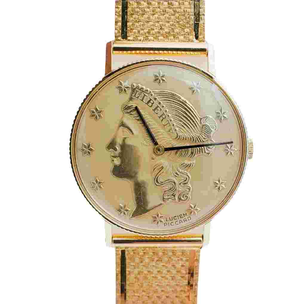 Ladies Lucien Piccard Liberty 18K Yellow Gold Coin Wristwatch w/Gold Bracelet.