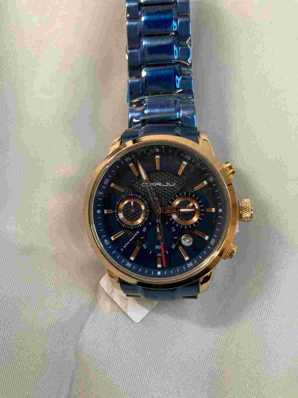 CRRJU Mens Golden Blue Leisure Style Stainless Steel Water Resistant Wristwatch