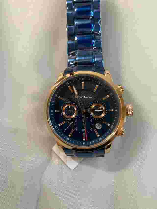 CRRJU Mens Golden Blue Leisure Style Stainless Steel Water Resistant Wristwatch
