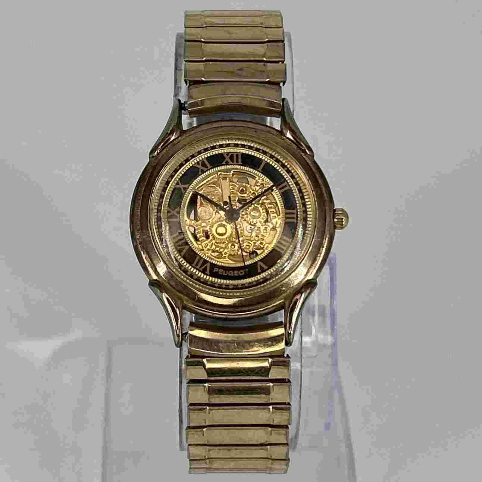 Vintage Peugeot Skeleton Dial QUARTZ Watch Gold Tone Stretch Band NEW BATTERY