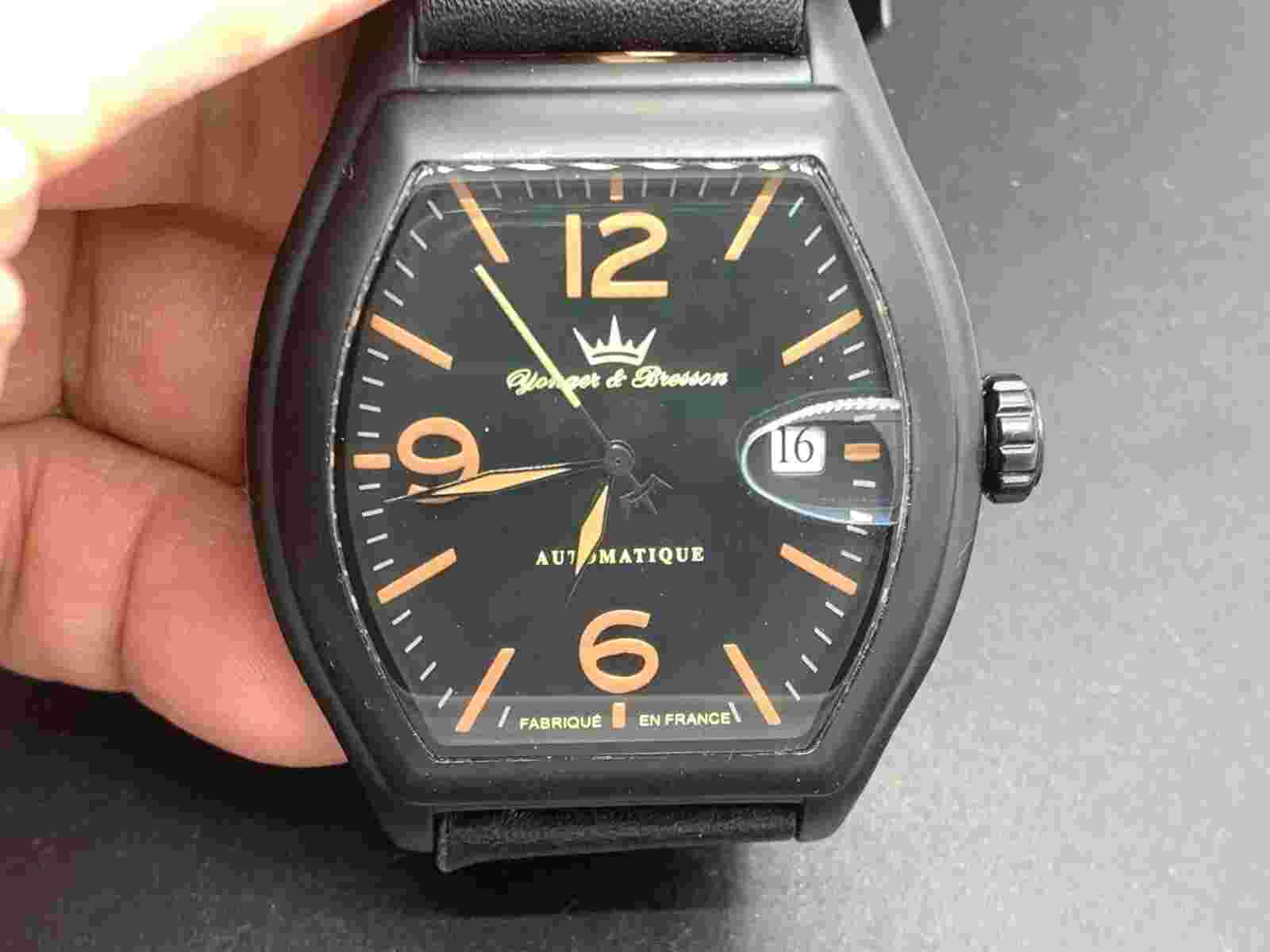 France Made Yonger & Bresson Date Black Dial Black Leather Automatic Men's Watch