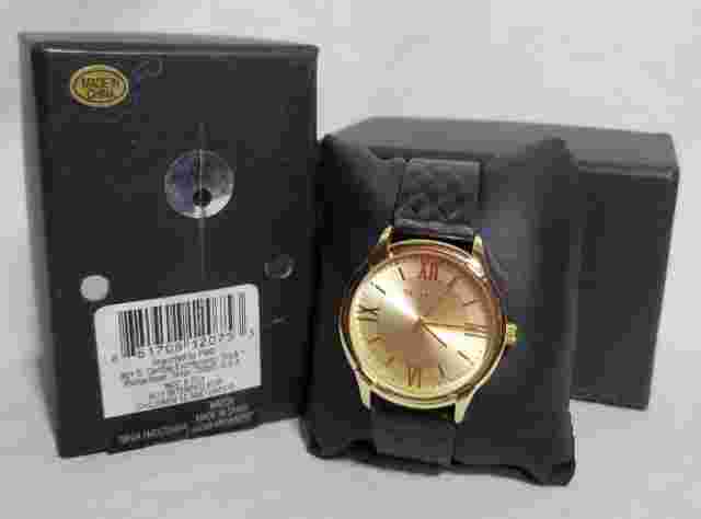 Valletta Women's Round Face Gold Tone Watch Japan Mvmt Black Imitation Leather