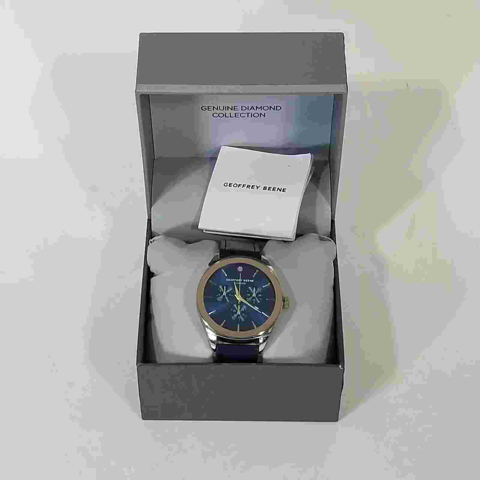 Geoffrey Beene Quartz Watch Mens  Blue Dial Diamond Leather Band NEW