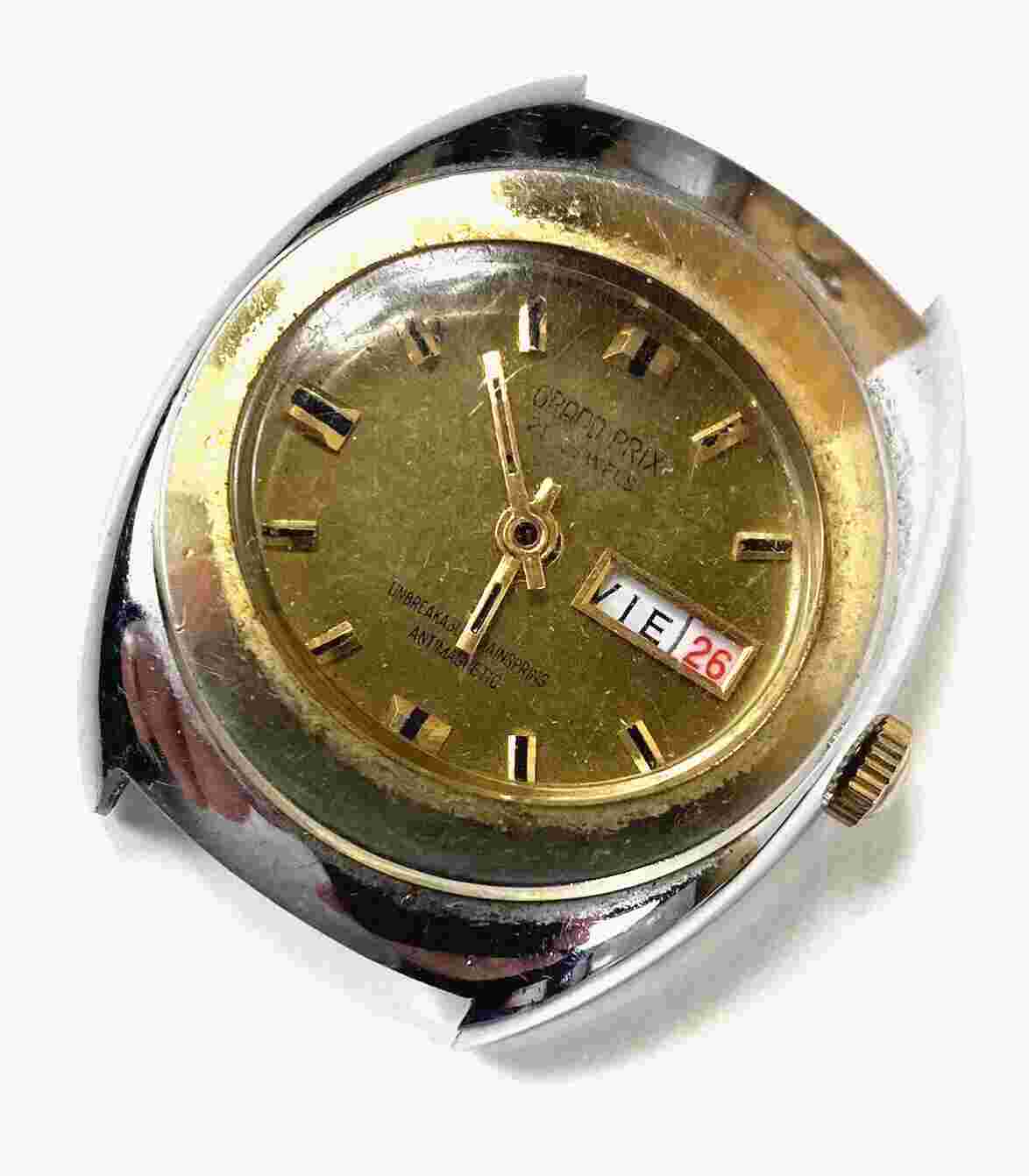 Vintage Grand Prix Mens Watch 21 Jewels 1970s MOD Style Chrome Day Date