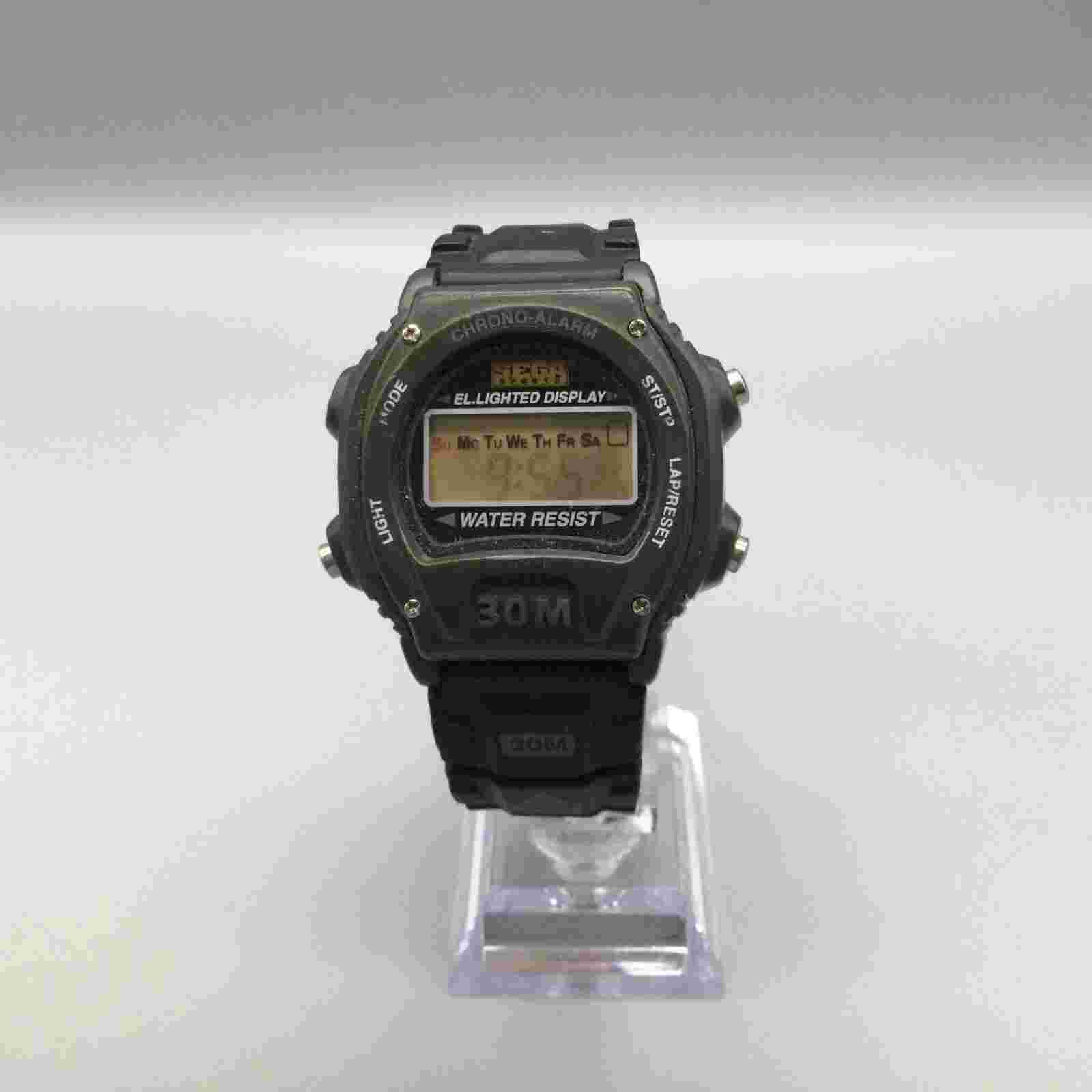 Vtg Sega Sports Digital Watch Men 41mm Black Alarm Day Date New Battery 1997