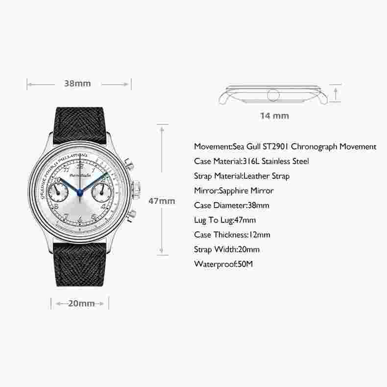 MERKUR Men Chronograph Watch 40mm Pilot Manual Wind Mechanical Wristwatch ST2901