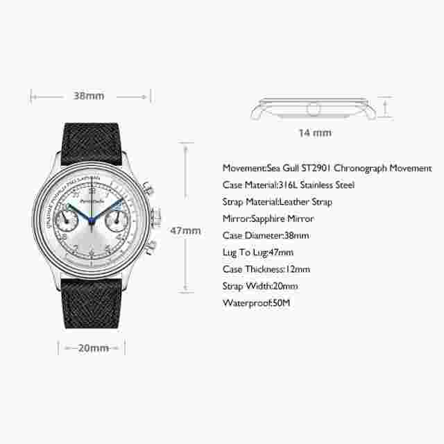 MERKUR Men Chronograph Watch 40mm Pilot Manual Wind Mechanical Wristwatch ST2901