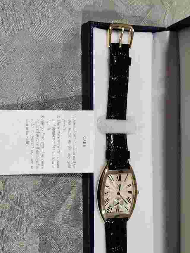 Vicence 14k Yellow Gold Tonneau Women's Watch w/ Guilloche Dial and Leather Band