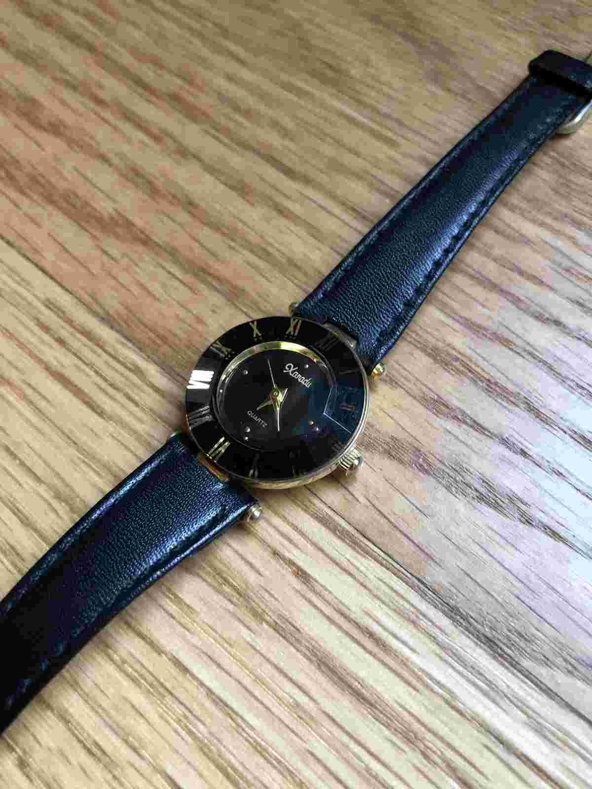 Vintage Xanadu Quartz Black Leather Wrist Watch With Gold Detail for Women