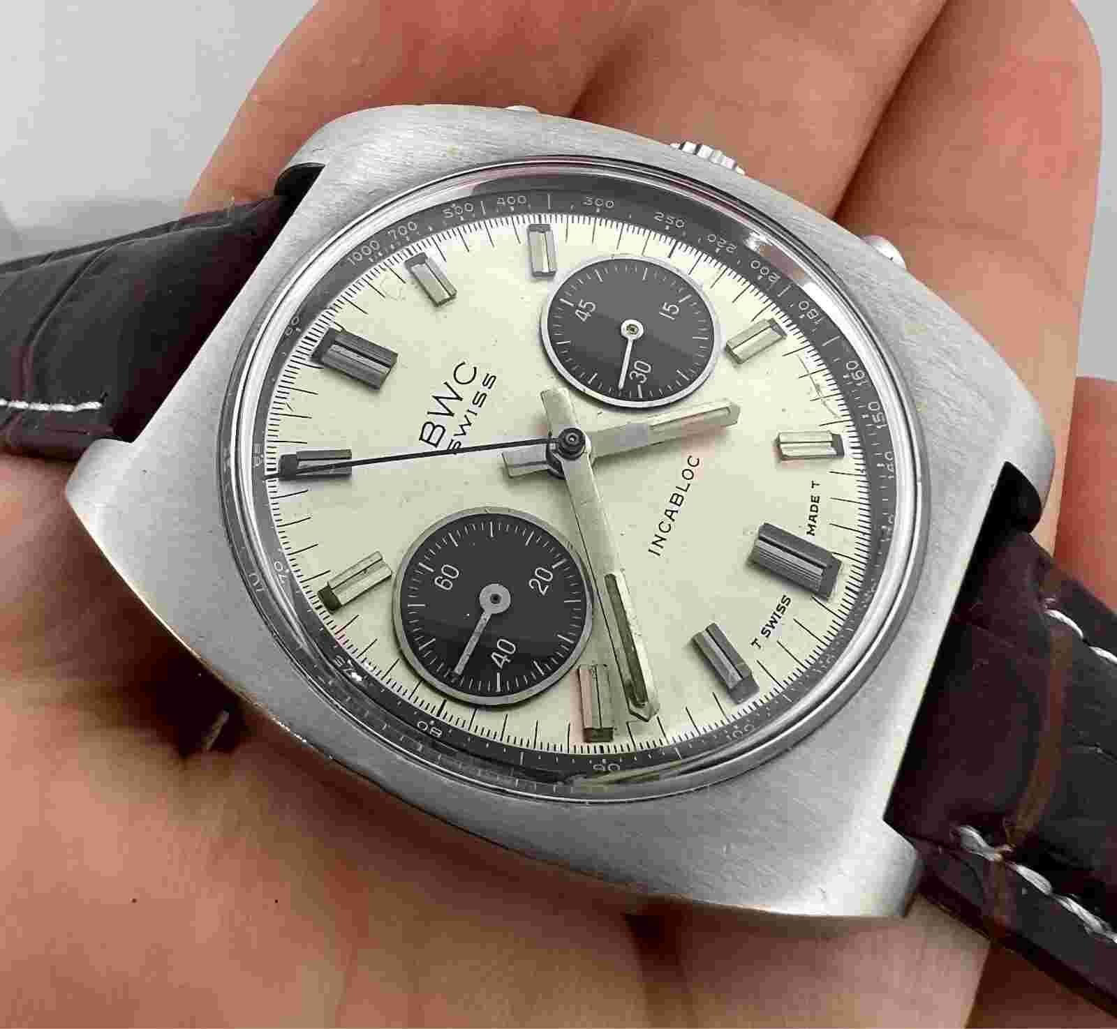 VINTAGE BWC CHRONOGRAPH VALJOUX 7734 PANDA DIAL MENS SWIISS WATCH
