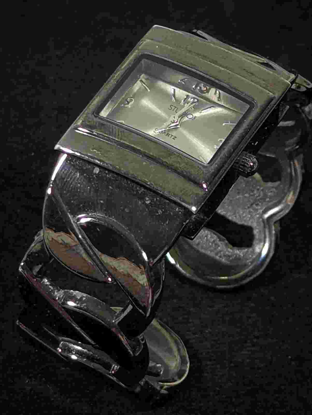 Studio Silver Tone Dial Black Case Hinge Open Cuff Bracelet Band Watch 6.5 Inch
