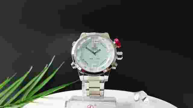 OHSEN Men Quartz Watch Silver Steel Stainless Strap Dual Time Digital Wristwatch