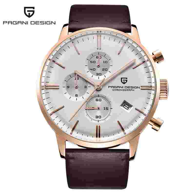 PAGANI DESIGN Date Chronograph Leather Band Men's Quartz Army Military Watch