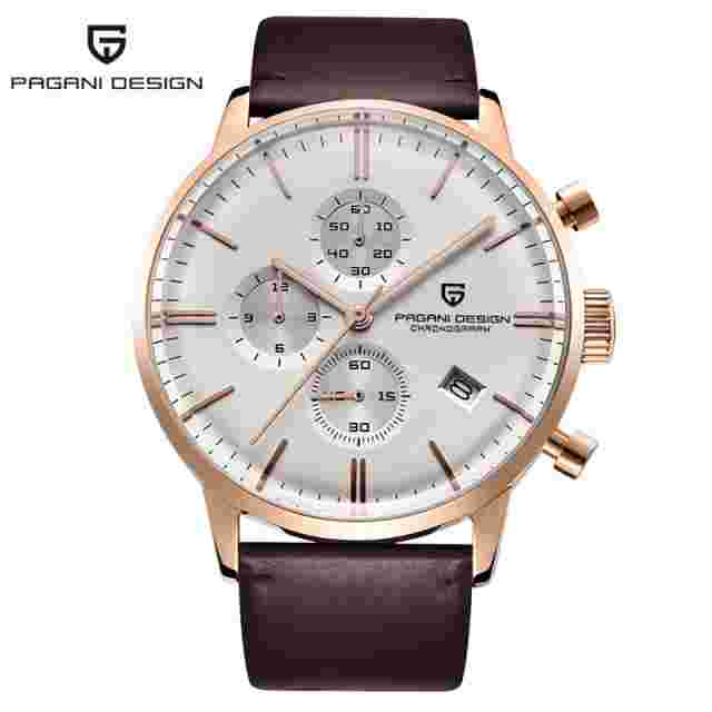 PAGANI DESIGN Date Chronograph Leather Band Men's Quartz Army Military Watch