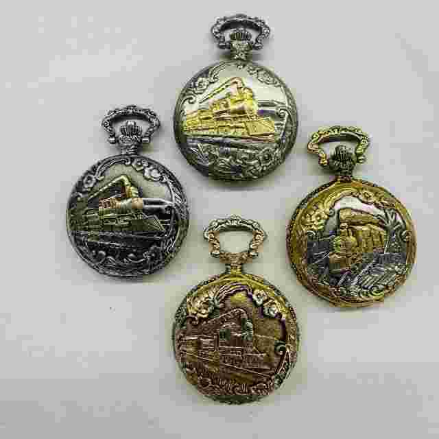 Pocket Watches Goldtone Railroad Trains Lot of 4 Untested Parts and Repair