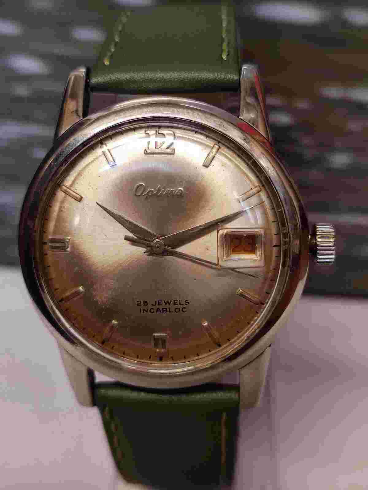 OPTIMA 25 JEWELS AUTOMATIC AGED SILVER DIAL SWISS MEN'S FULL WORKING VTG. WATCH